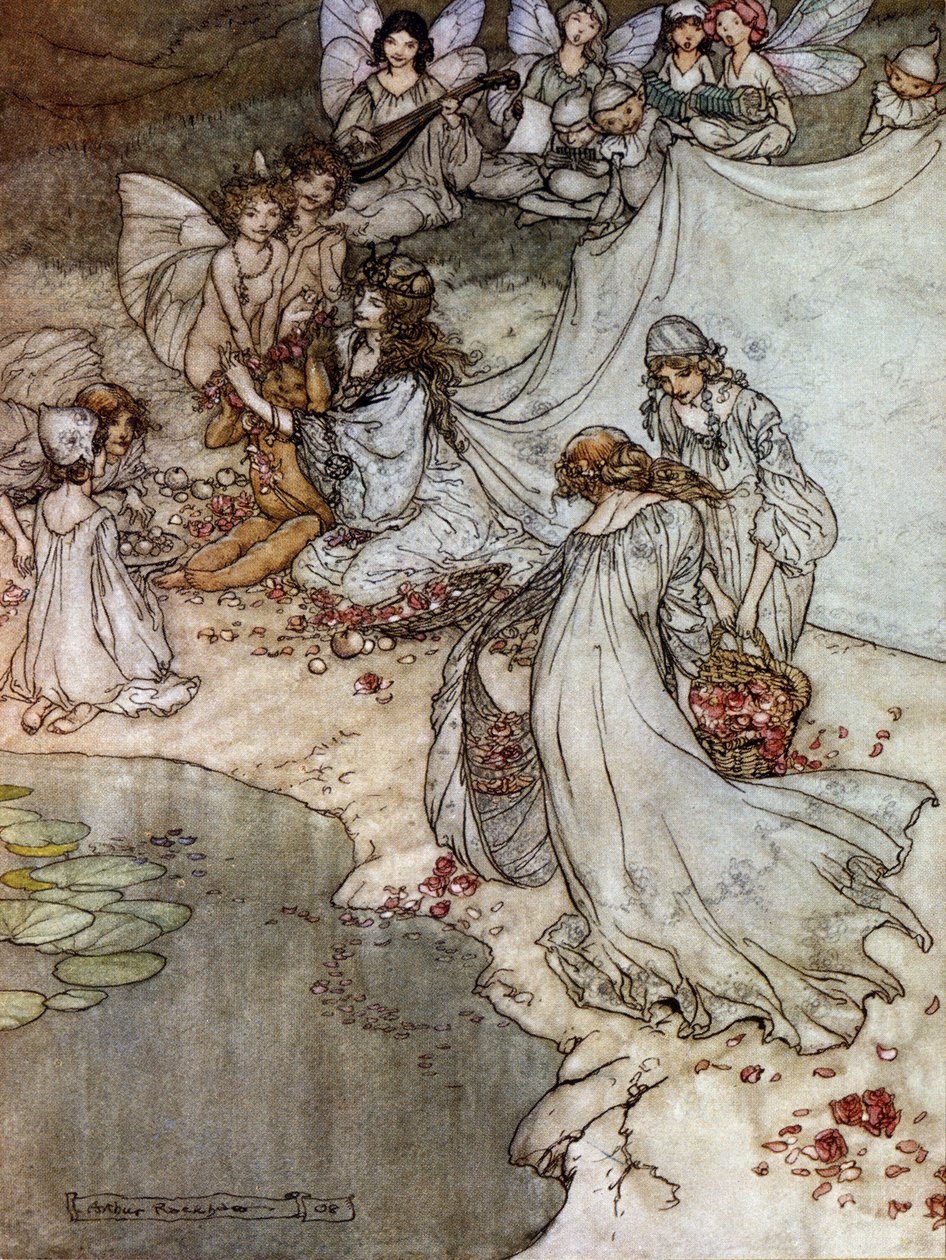 Rózsa nyakláncot készítő manók. Illusztráció: Arthur RACKHAM (1867-1939) William SHAKESPEARE: Egy nyári éjszaka álmához alkotó: Arthur Rackham