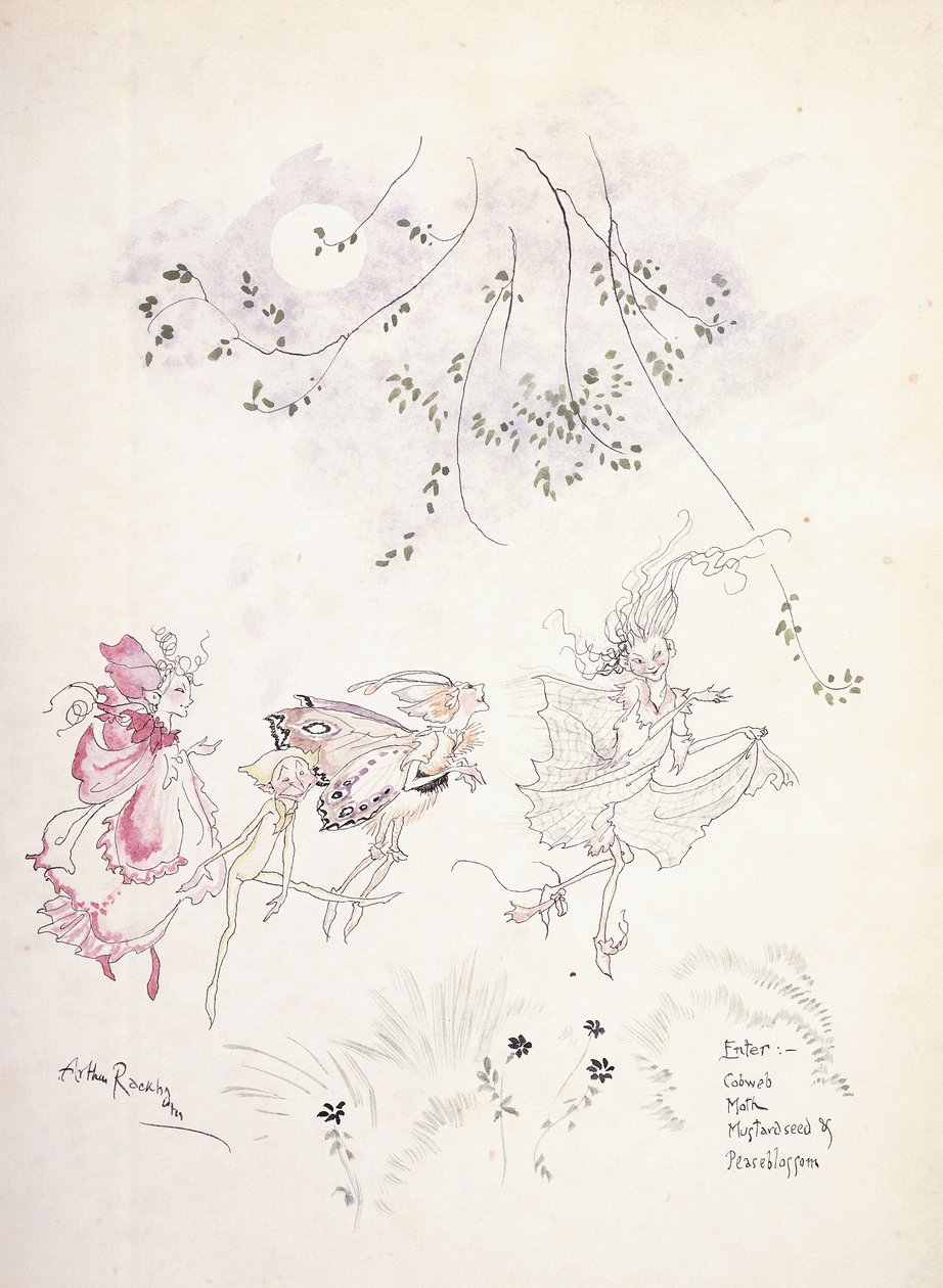 Adja meg: Pókháló, Moly, Mustármag és Peaseblossom. Illusztráció Shakespeare Szentivánéji álom című művéhez, 1908 körül alkotó: Arthur Rackham