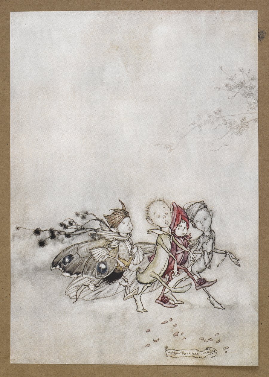 Lépjen be a Peaseblossom, a Cobweb, a Moth és a Mustármag. Jelenet a Szentivánéji álomból. alkotó: Arthur Rackham