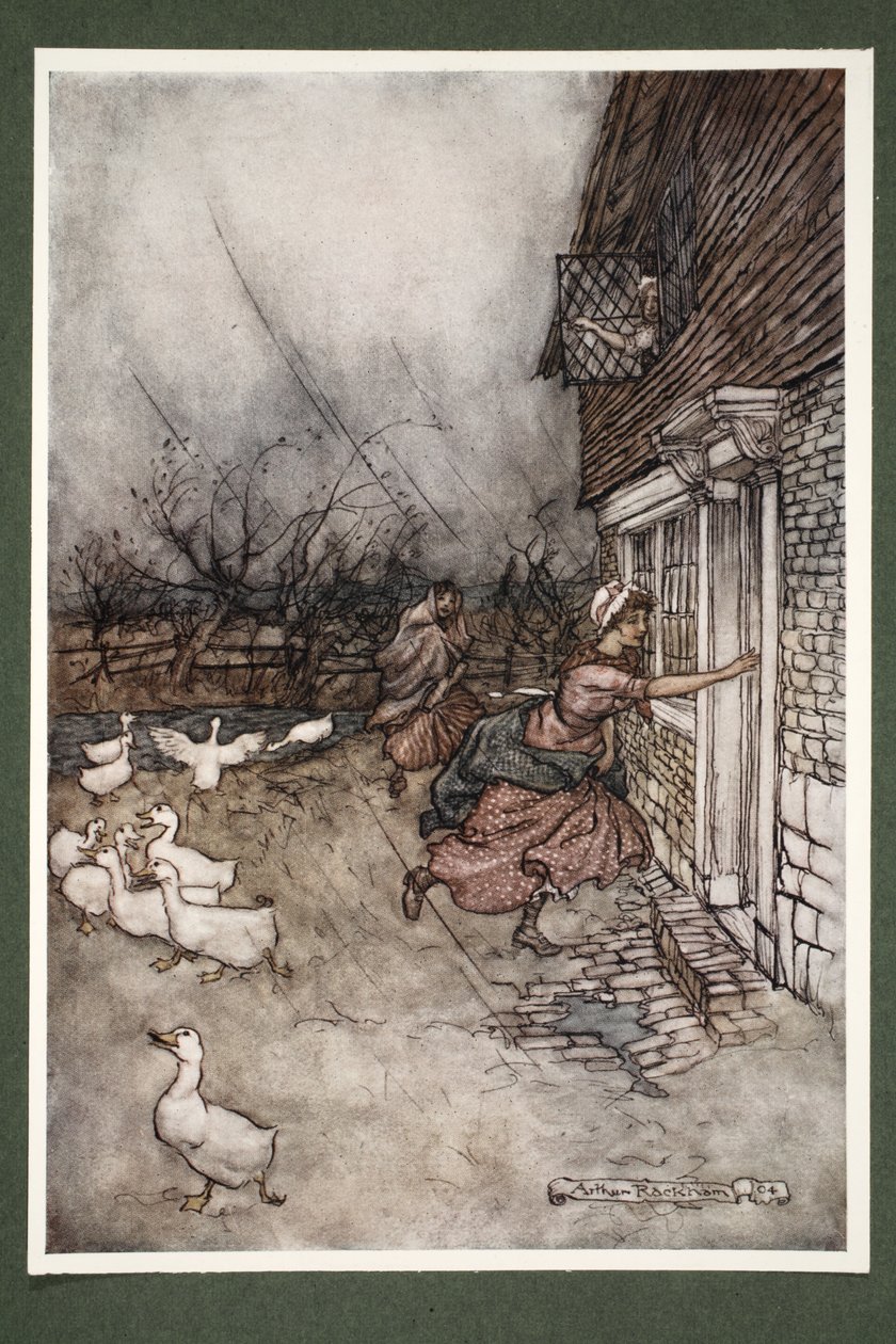 Még a mai napig sem hallottak zivatart a Kaatskillről, de azt mondják, Hendrick Hudson és legénysége a kilenctűs játékukon van. Rip Van Winkle-től Washington Irving, kocsma. 1910 (szín alkotó: Arthur Rackham