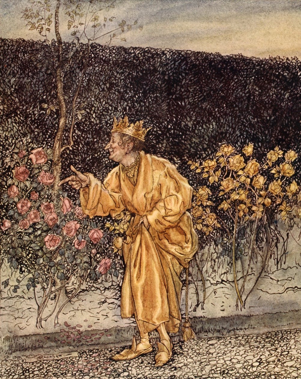 Minden virág aranyra változott, illusztrációja Nathaniel Hawthorne „A Wonder Book for Girls and Boys” című könyvéből, 1928 alkotó: Arthur Rackham