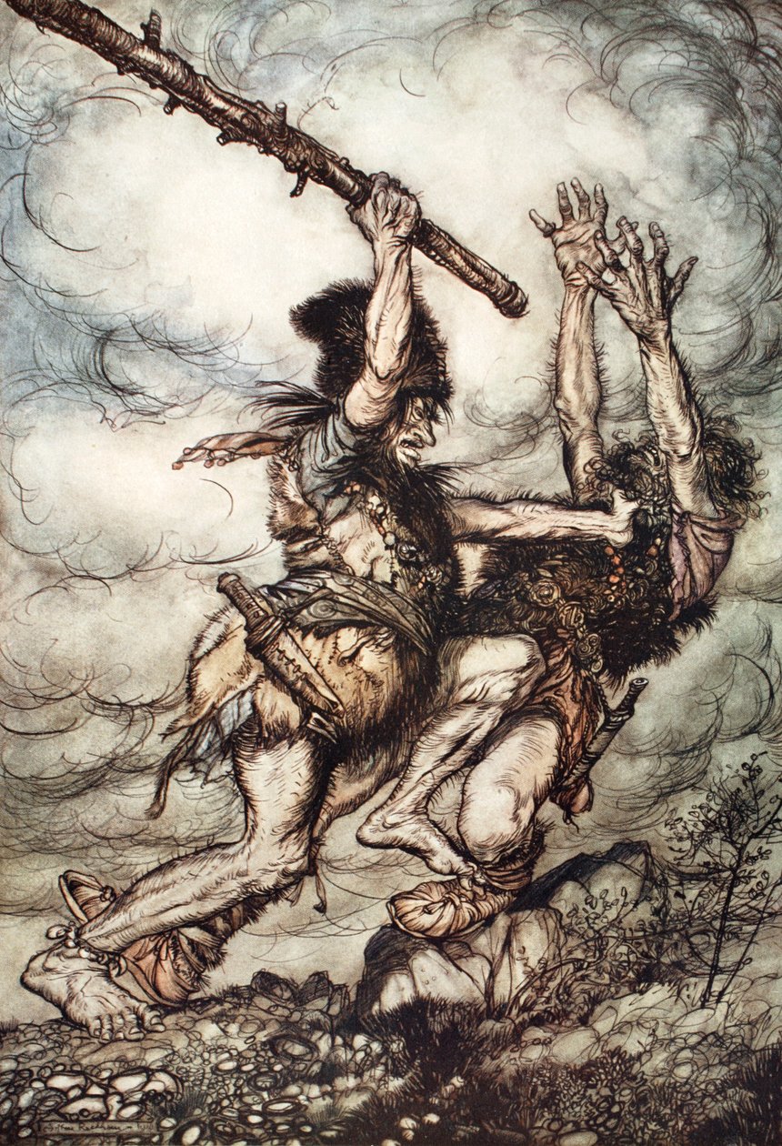 „Fafner megöli Fasolt”, 1910. alkotó: Arthur Rackham