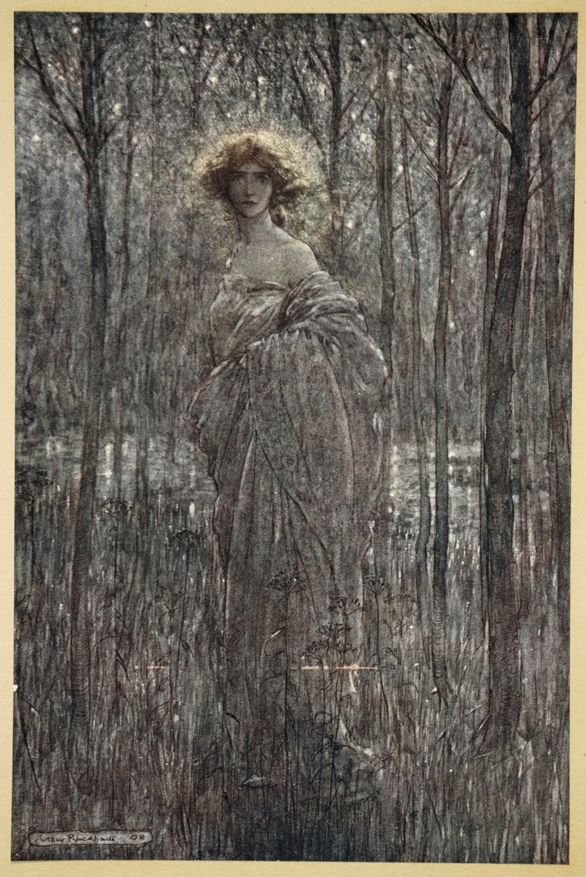 Szép Heléna, aki jobban őrzi az éjszakát, mint minden tüzes ócska és fényszem, illusztráció William Shakespeare „Szentáni éjszakai álom” című művéből, 1908 alkotó: Arthur Rackham