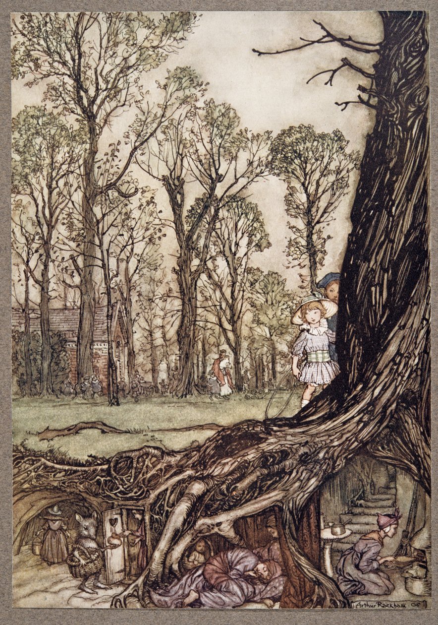 A tündérek többé-kevésbé mind bujkálnak alkonyatig, J. M. Barrie (1860-1937), kocsma, a Kensington Gardensben található Peter Pan-től. 1906 alkotó: Arthur Rackham