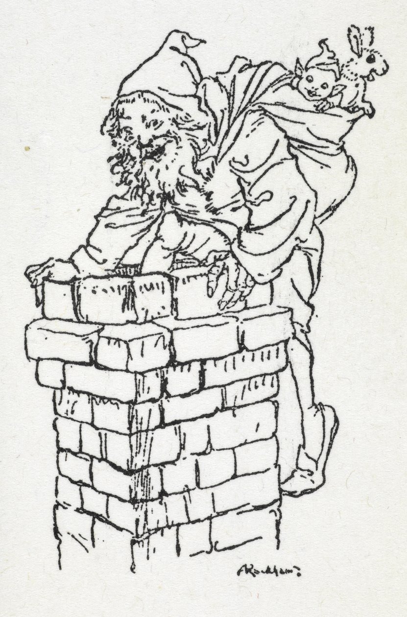 Mikulás mászik le a kéményen egy zsák ajándékkal alkotó: Arthur Rackham
