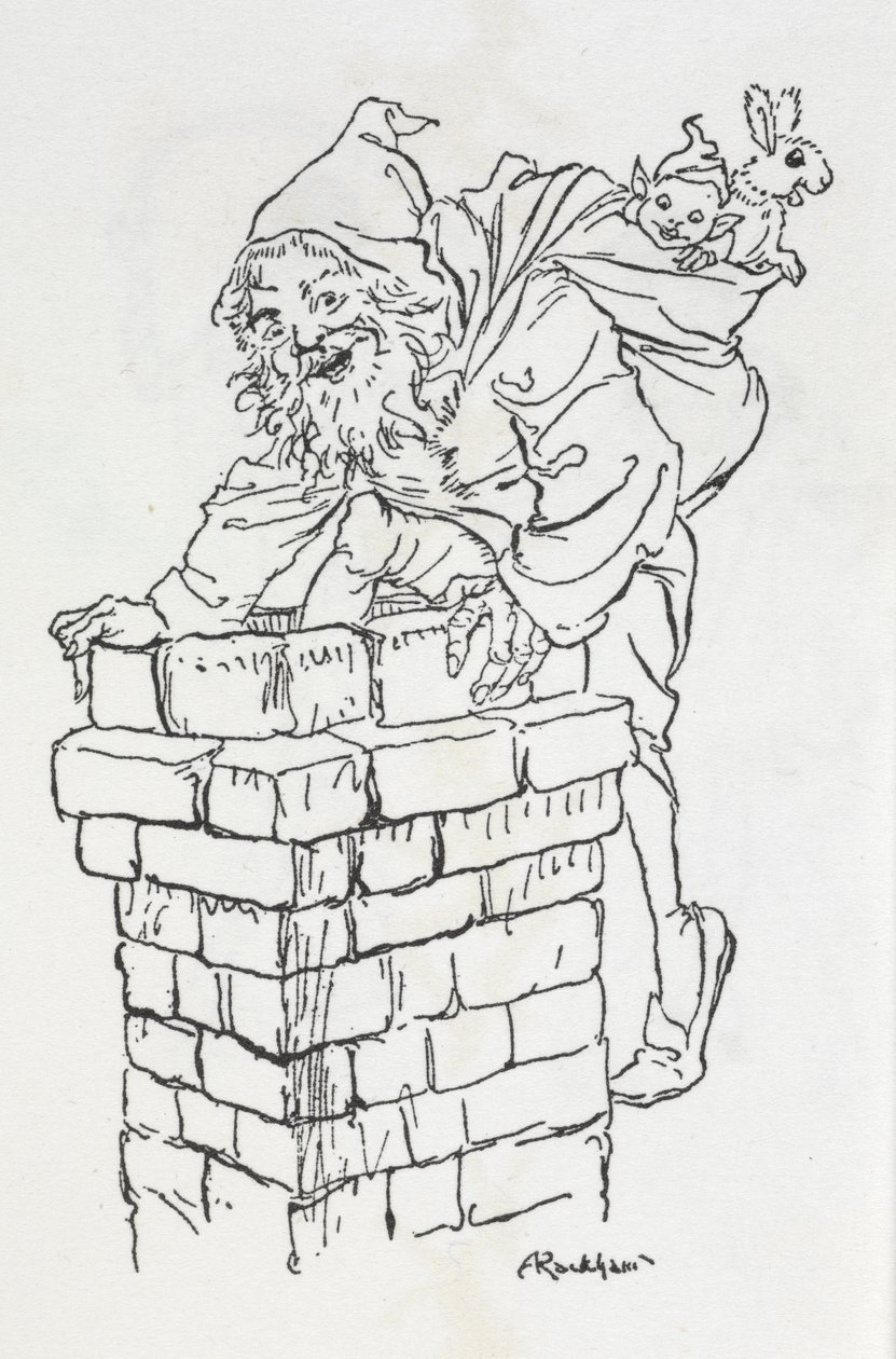Mikulás ajándékokkal a kéménybe mászni alkotó: Arthur Rackham