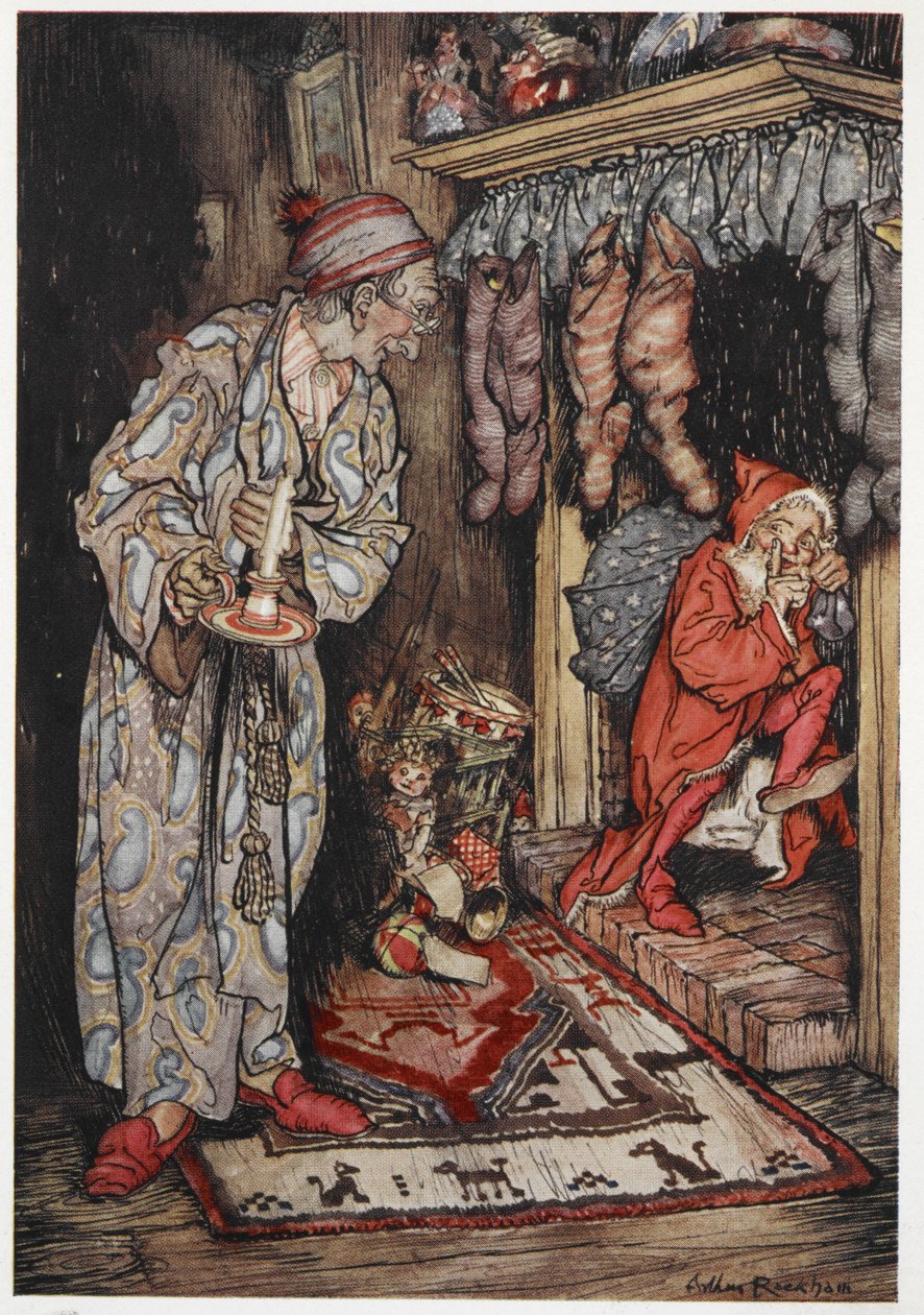 Mikulás ajándékokat szállít szenteste alkotó: Arthur Rackham