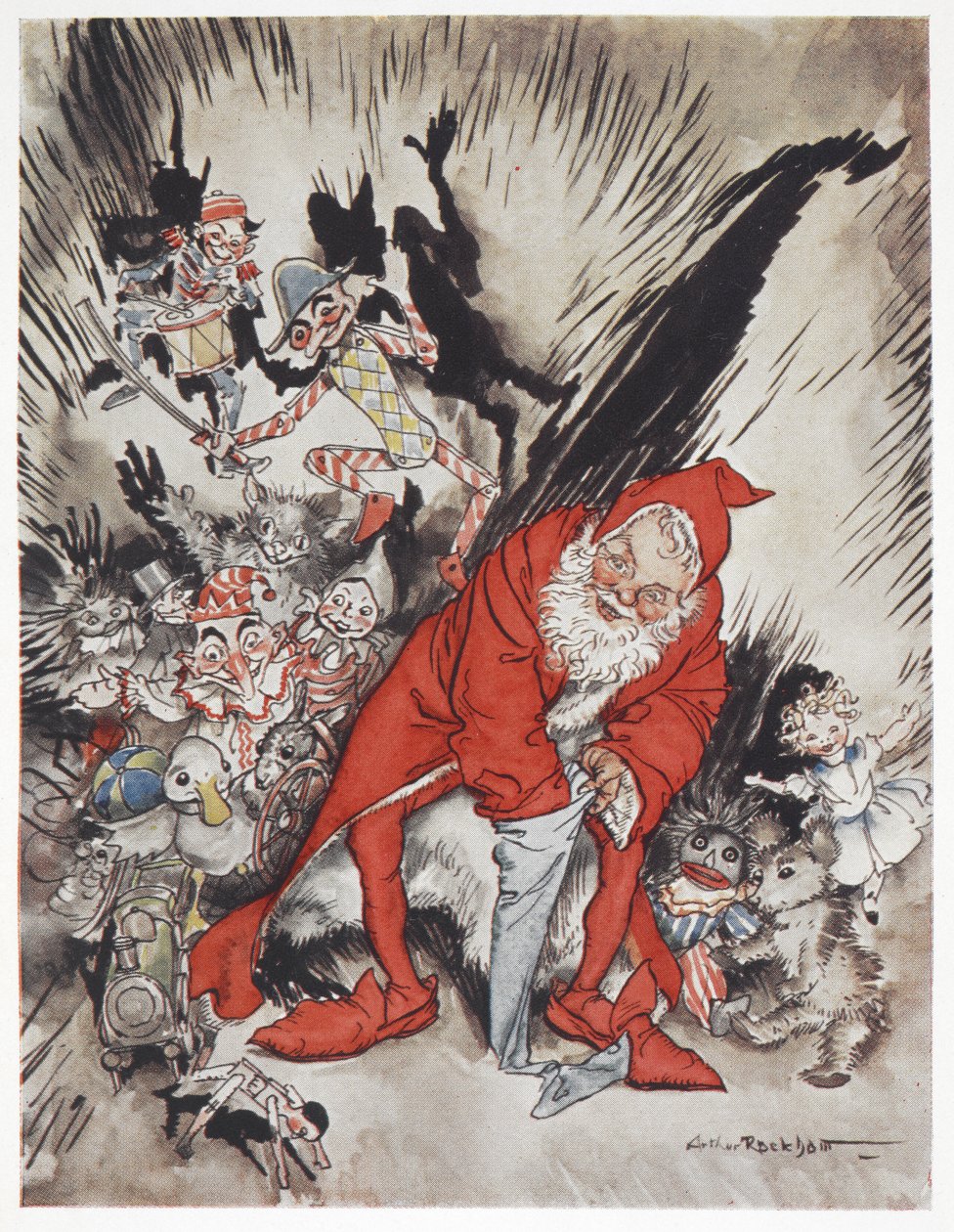 Mikulás ajándékokkal körülvéve alkotó: Arthur Rackham