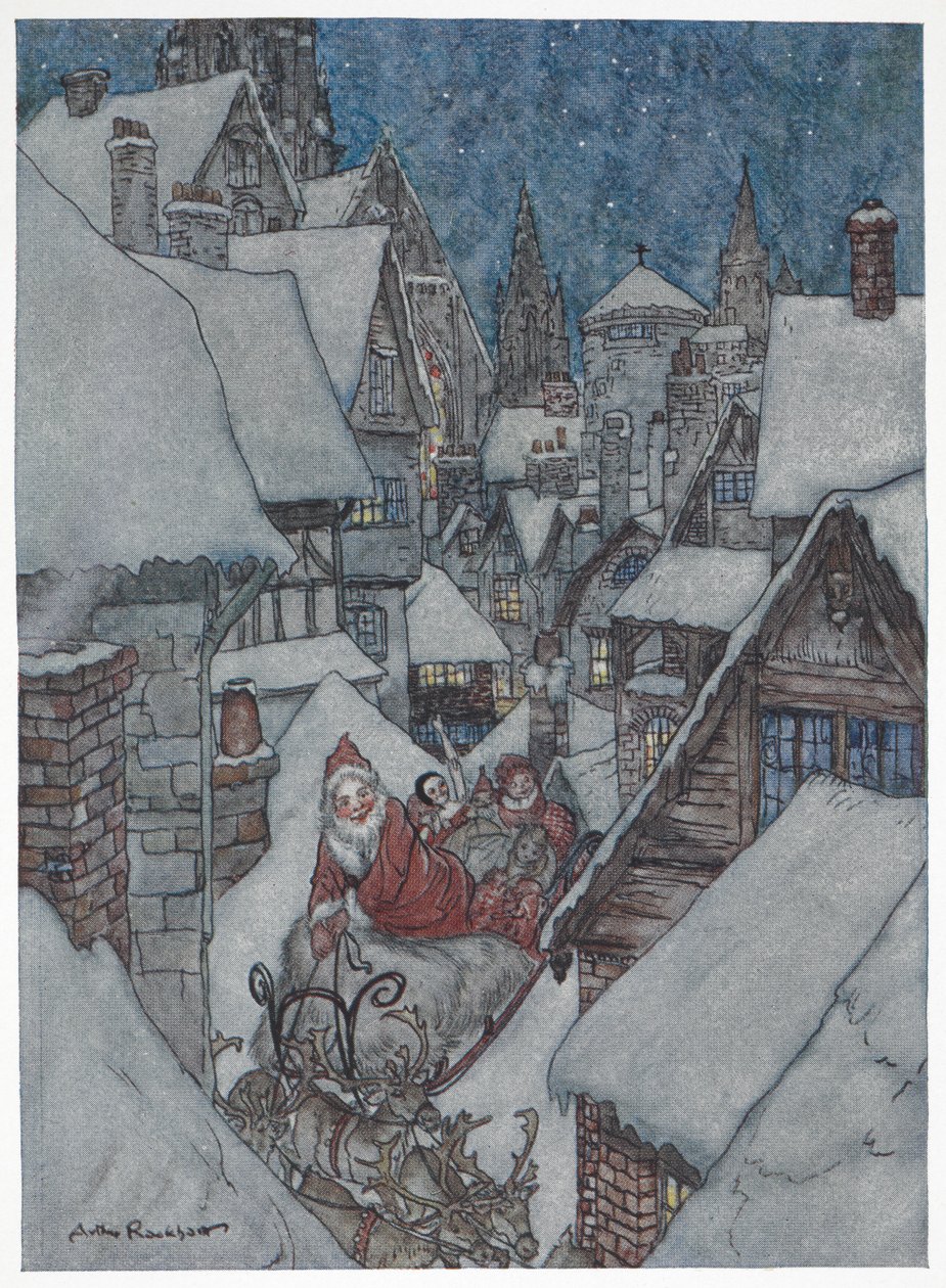 Mikulás havas utcákon utazik a szánján alkotó: Arthur Rackham