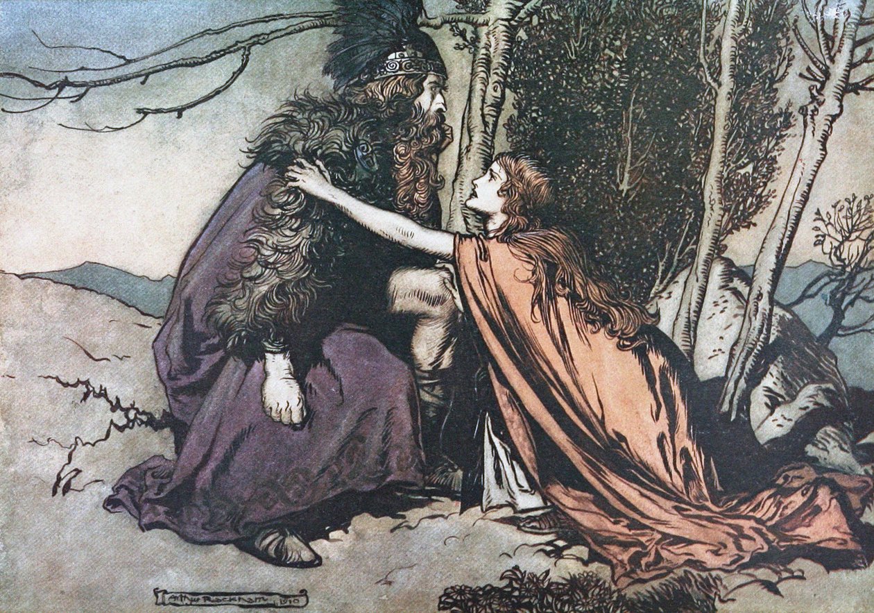 Apa! Apa! Mondd el, mi bánt téged. Illusztráció a Rajna aranyhoz és a Valkűrhöz, Richardtól alkotó: Arthur Rackham