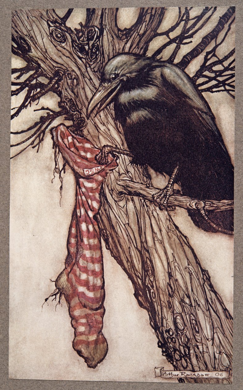 Évekig csendben megtömte a harisnyáit, a Kensington Gardensben található Peter Pan-től, J M Barrie (1860-1937), pub. 1906 alkotó: Arthur Rackham
