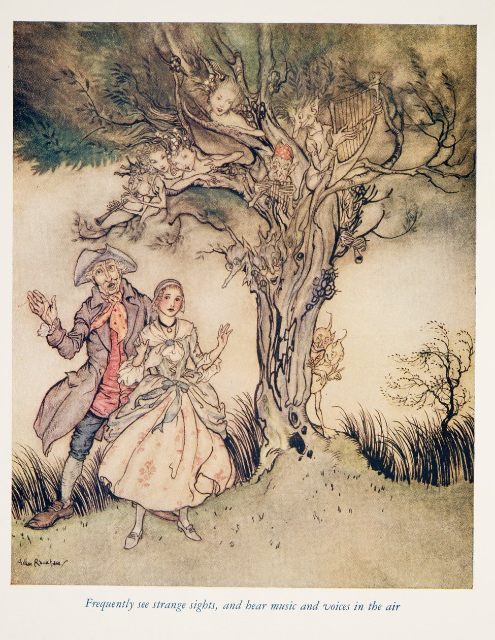 Gyakran lát furcsa látnivalókat, hallhat zenét és hangokat a levegőben… a The Legend of Sleepy Hollow-ból, Washington Irving (1783-1859), kocsma. 1928 alkotó: Arthur Rackham
