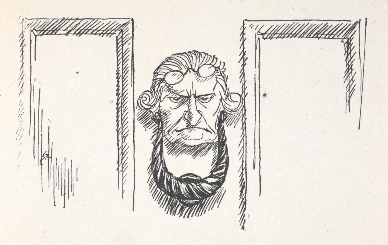 Bejárati ajtó kopogtatója Scrooge arcával alkotó: Arthur Rackham
