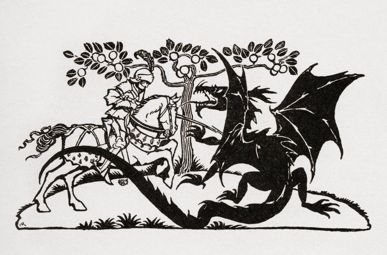 George és a sárkány. Az F.A. Steel által újra elmondott English Fairy Tales, Arthur Rackham illusztrációival, 1927-ben megjelent könyvéből. alkotó: Arthur Rackham