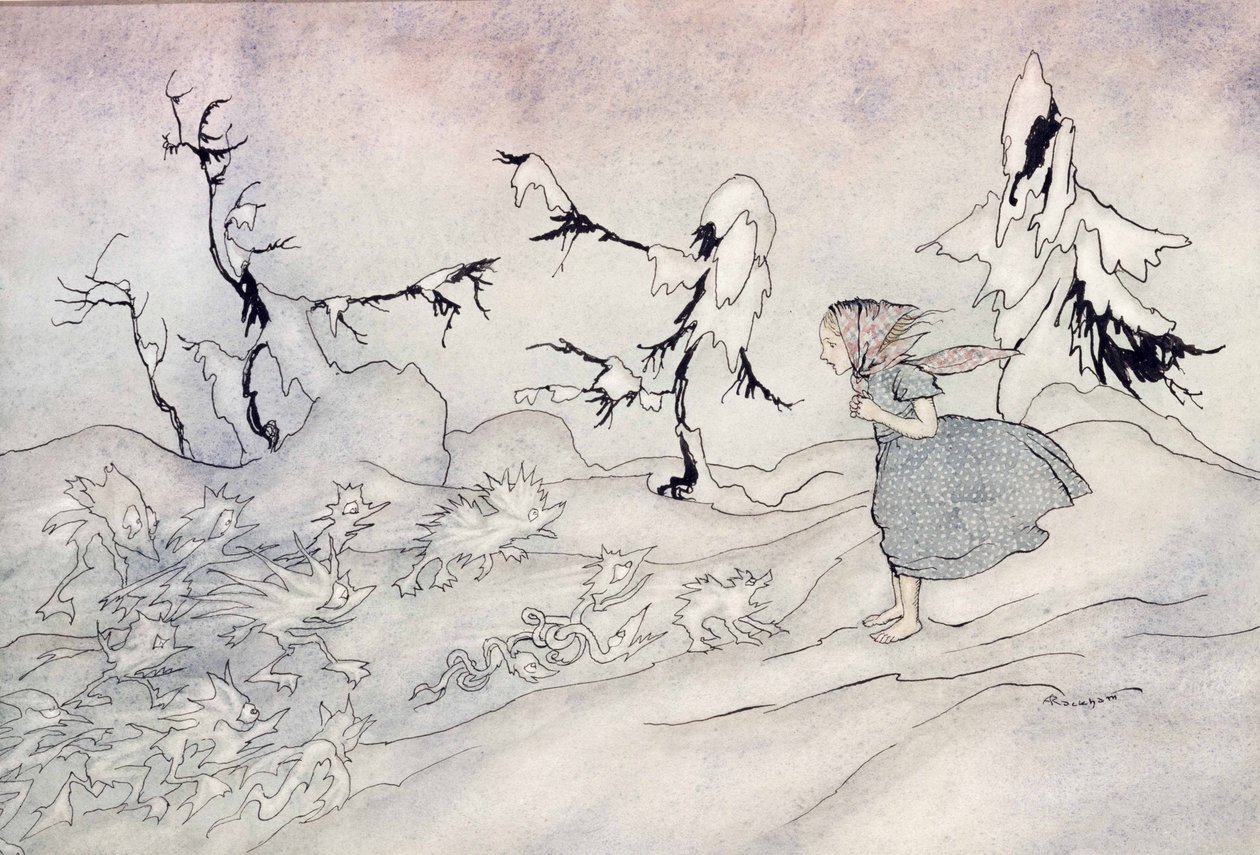 Gerdát megrémíti a Hókirálynők elővédje, de azt mondta, hogy Miatyánk, és kis fényes angyalok mentették meg, illusztráció Hans Christian Andersen Hókirálynőjéből, 1932-ben (wc & i alkotó: Arthur Rackham