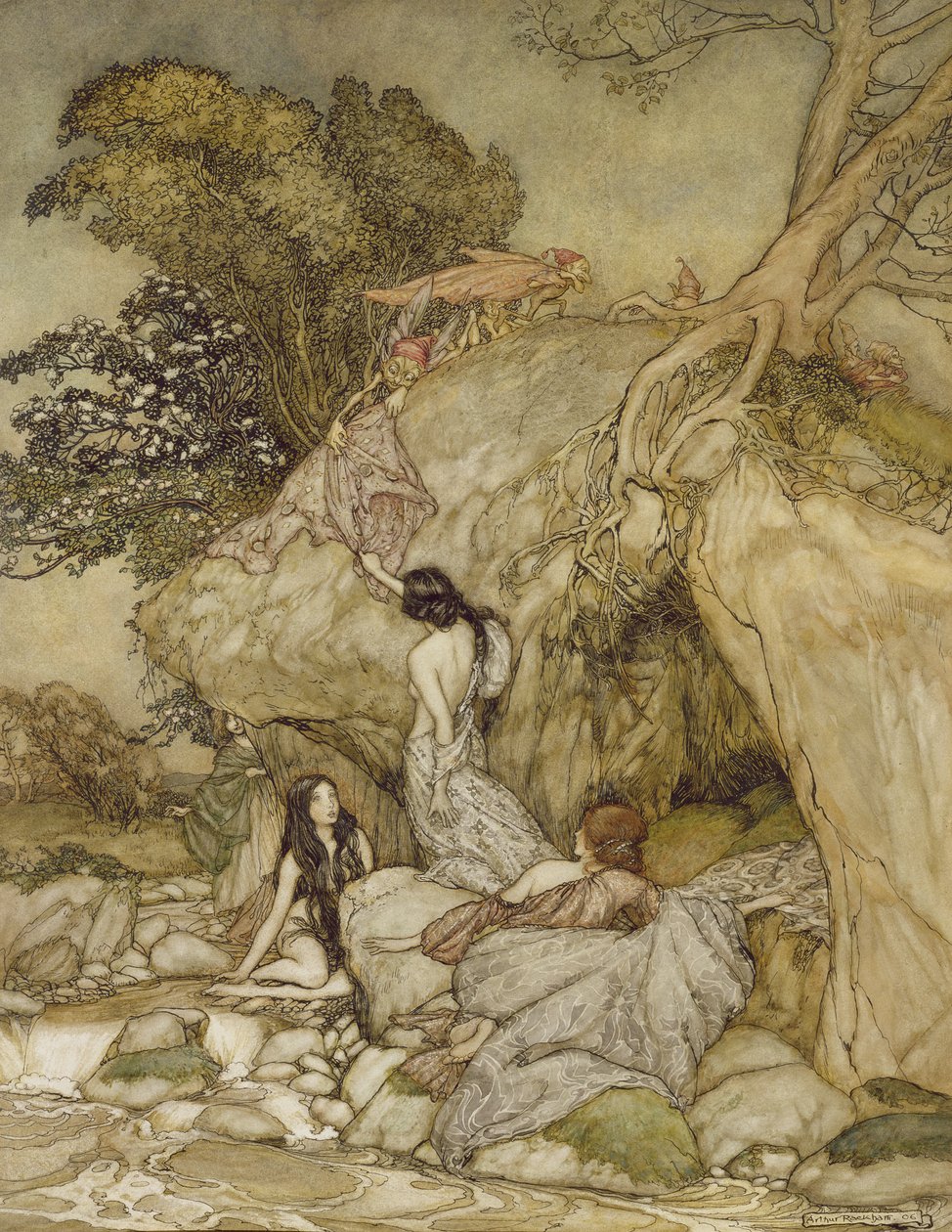 Girls by a Stream, 1906 (toll, tinta és wc) alkotó: Arthur Rackham