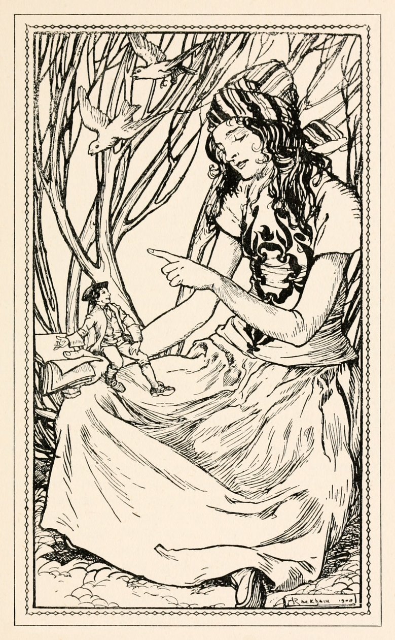 Glumdalclitch megtanítja Gullivert olvasni a II. részből: Utazás Brobdingnagba a Gullivers utazásaiban, Jonathan Swift alkotó: Arthur Rackham