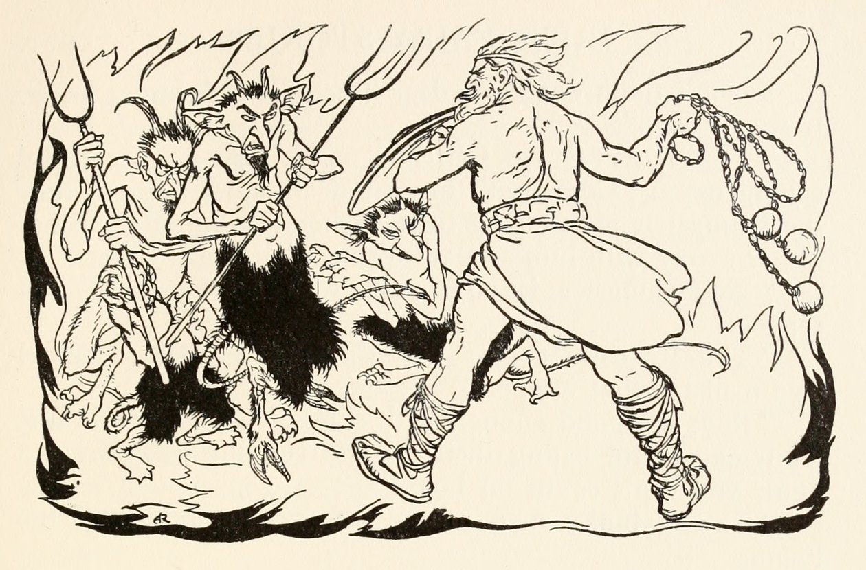 Goll mac Morna a pokolba támad, hogy megmentse Fionnt és a Fianna-Finnt az ír tündérmesékben szereplő The Little Brawl at Allenből alkotó: Arthur Rackham