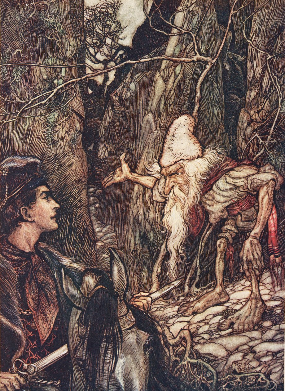 Jó törpe, nem tudnád megmondani, hol vannak a testvéreim? a Grimm testvérek tündérmeséiből, pub. 1909 alkotó: Arthur Rackham