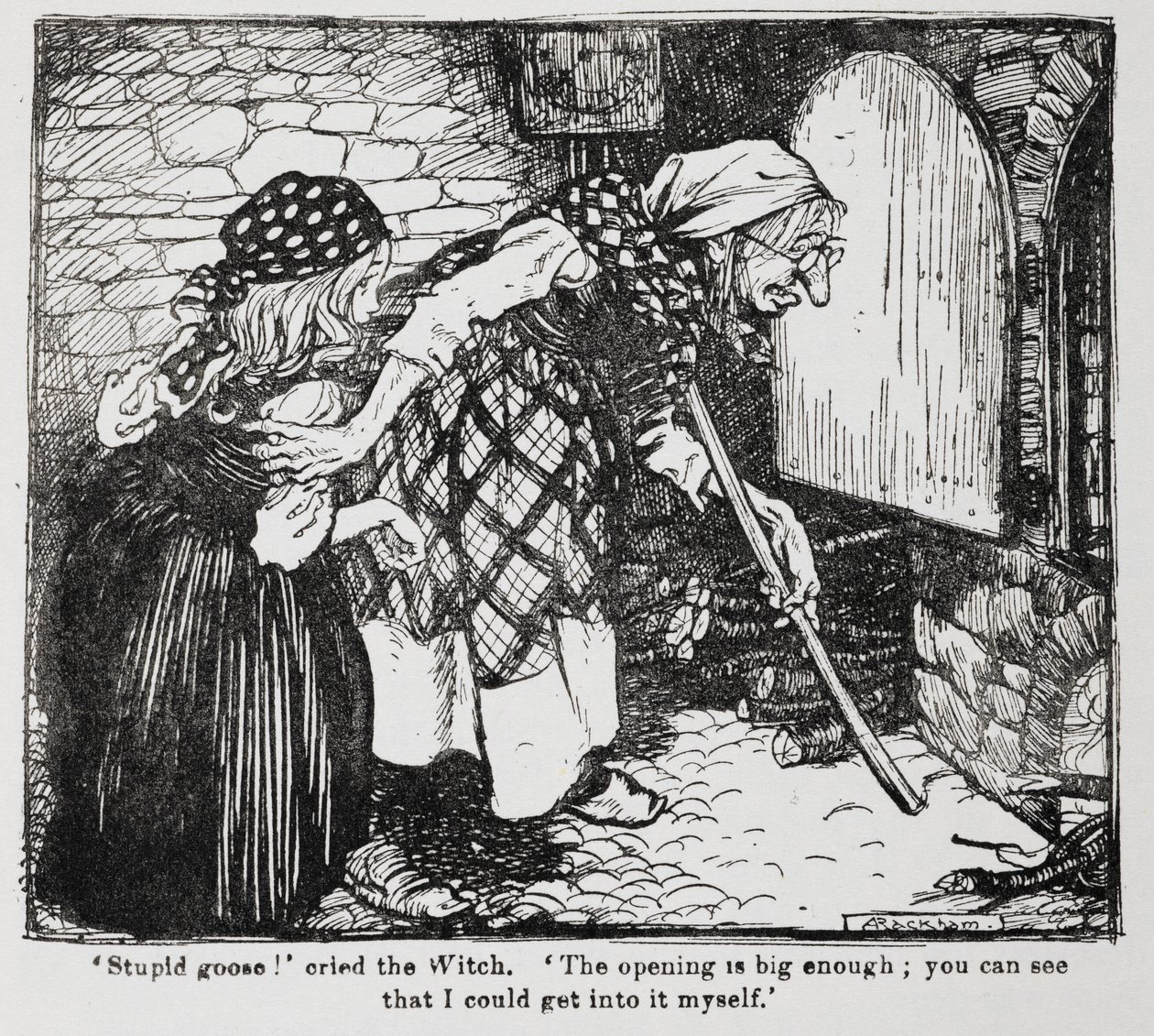 Grethel és az öreg boszorkány a sütő mellett Hanseltől és Gretheltől. alkotó: Arthur Rackham
