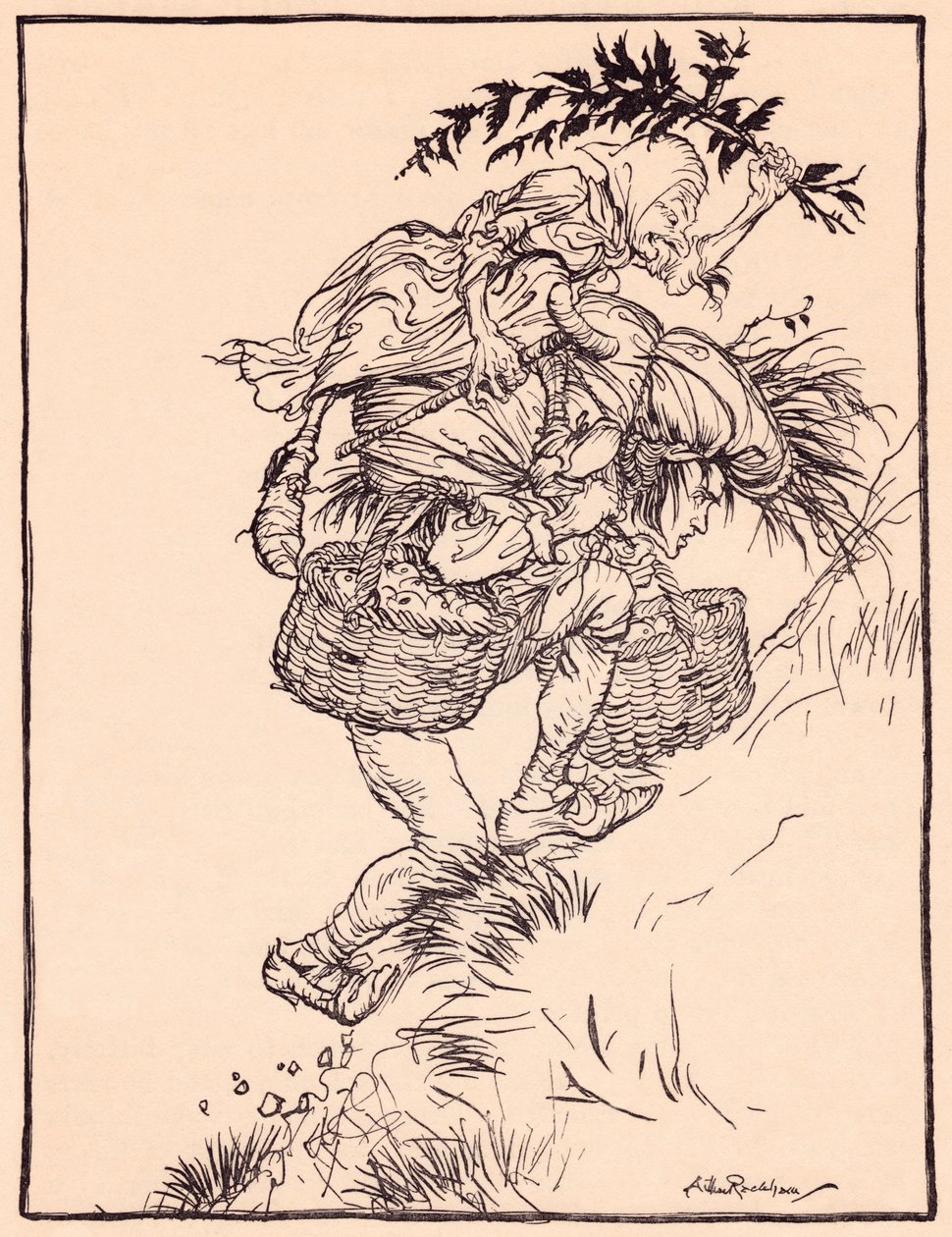 Folyamatosan nyögve felmászott a hegyre. Illusztráció: Arthur Rackham a Grimm meséjéből: A libalány a kútnál. alkotó: Arthur Rackham