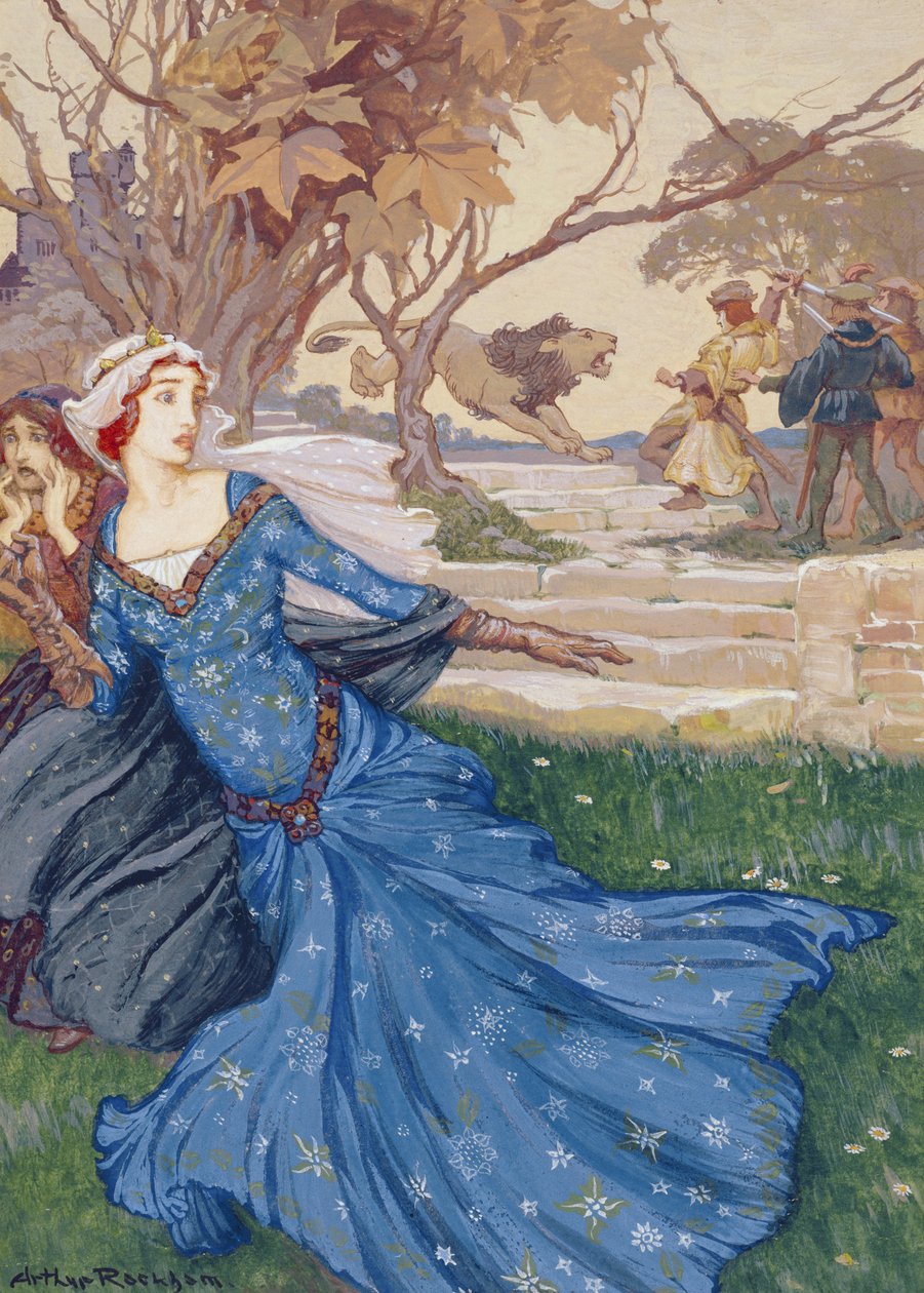 Guinevere-t megmentette La Cote Male Taile, illusztráció a Régi mesék történeteinek gyűjteményéből: Grimm, Andersen és Arthur király történetei, 1905-ben (testszín papíron) alkotó: Arthur Rackham