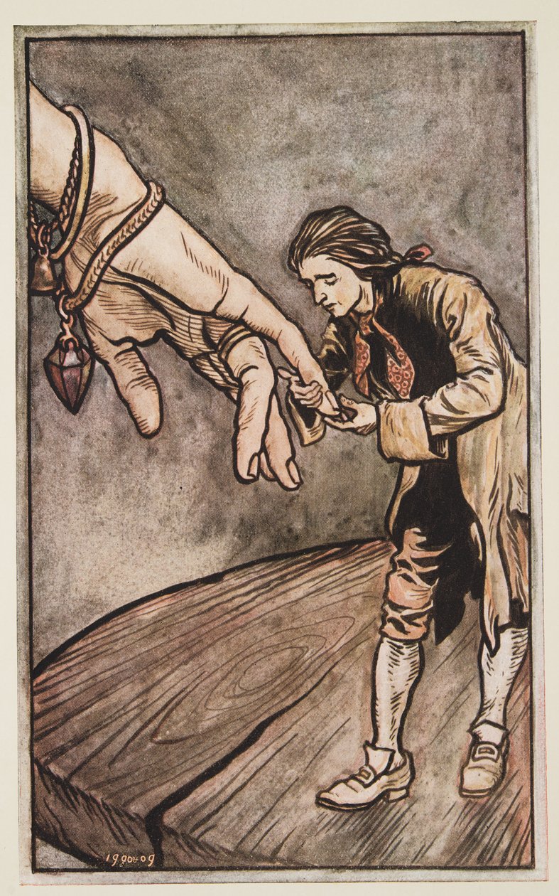 Gulliver kézként csókolja Brobdingnag királynőjét, Jonathan Swift (1667-1745) Gulliver utazásai című művéből, pub. 1909 alkotó: Arthur Rackham