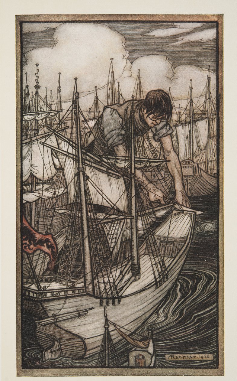 Gulliver megragadja az ellenség flottáját, a Gullivers Travelsből, Jonathan Swift (1667-1745), pub. 1909 alkotó: Arthur Rackham