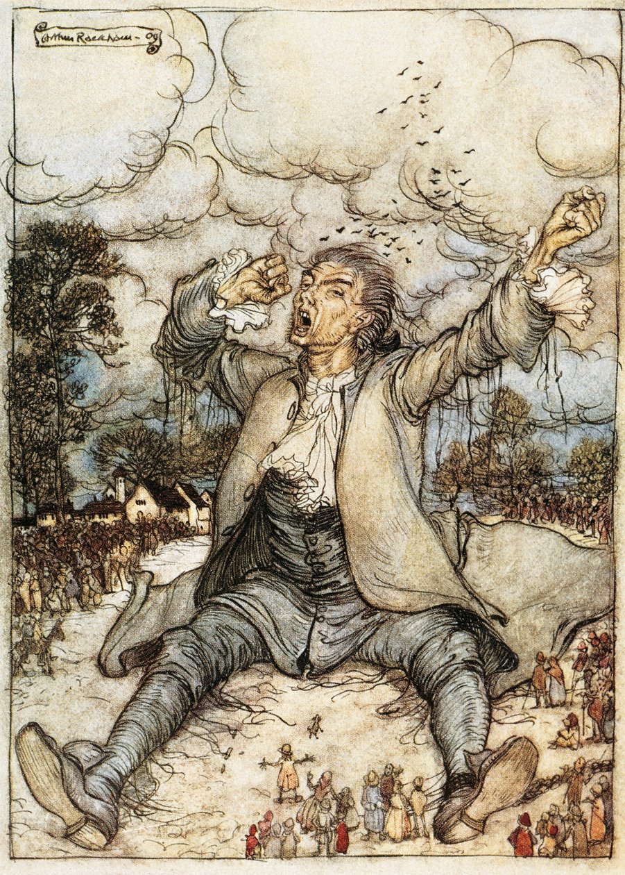 Gulliver ébredt Lilliputban, Illusztráció a Gulliver utazásaiból, Jonathan Swift, Arthur Rackham alkotó: Arthur Rackham