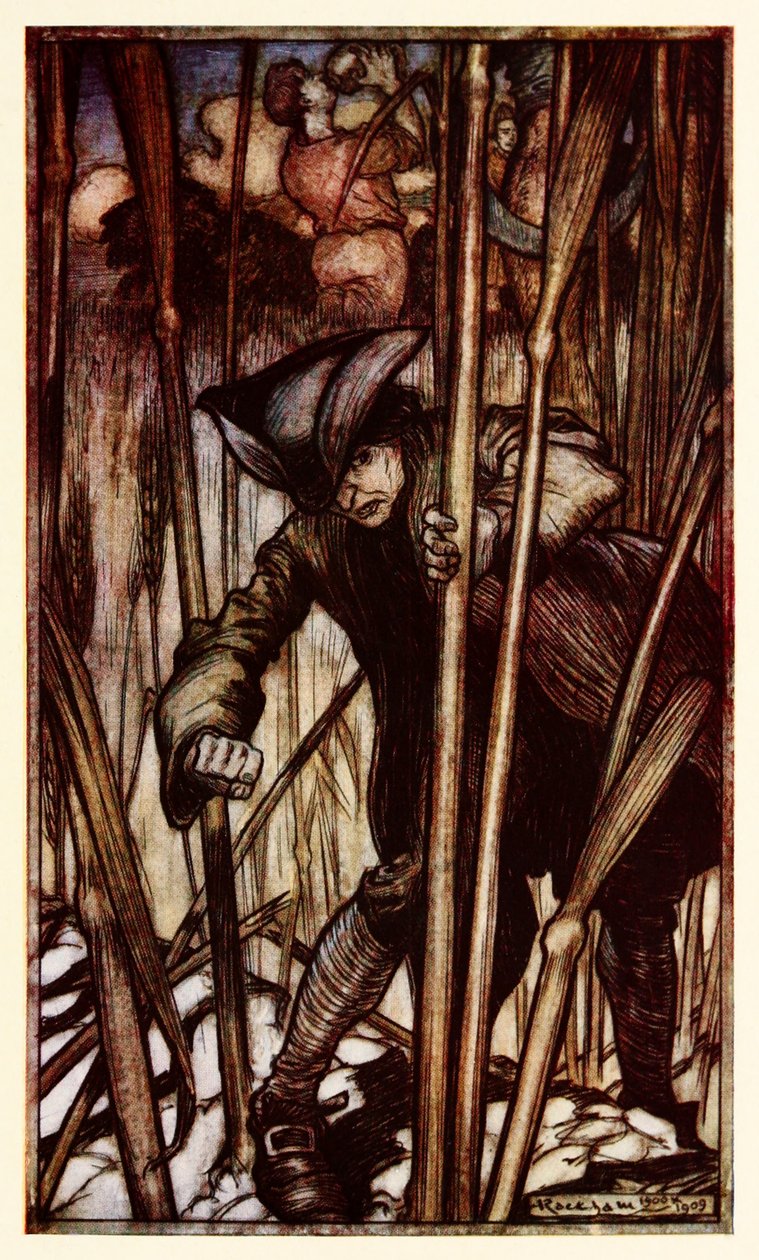 Gullivert első pillantásra félelem éri a Brobdingnagian kaszások a II. rész: Utazás Brobdingnag felé a Gullivers utazások című filmben (Jonathan Swift) alkotó: Arthur Rackham