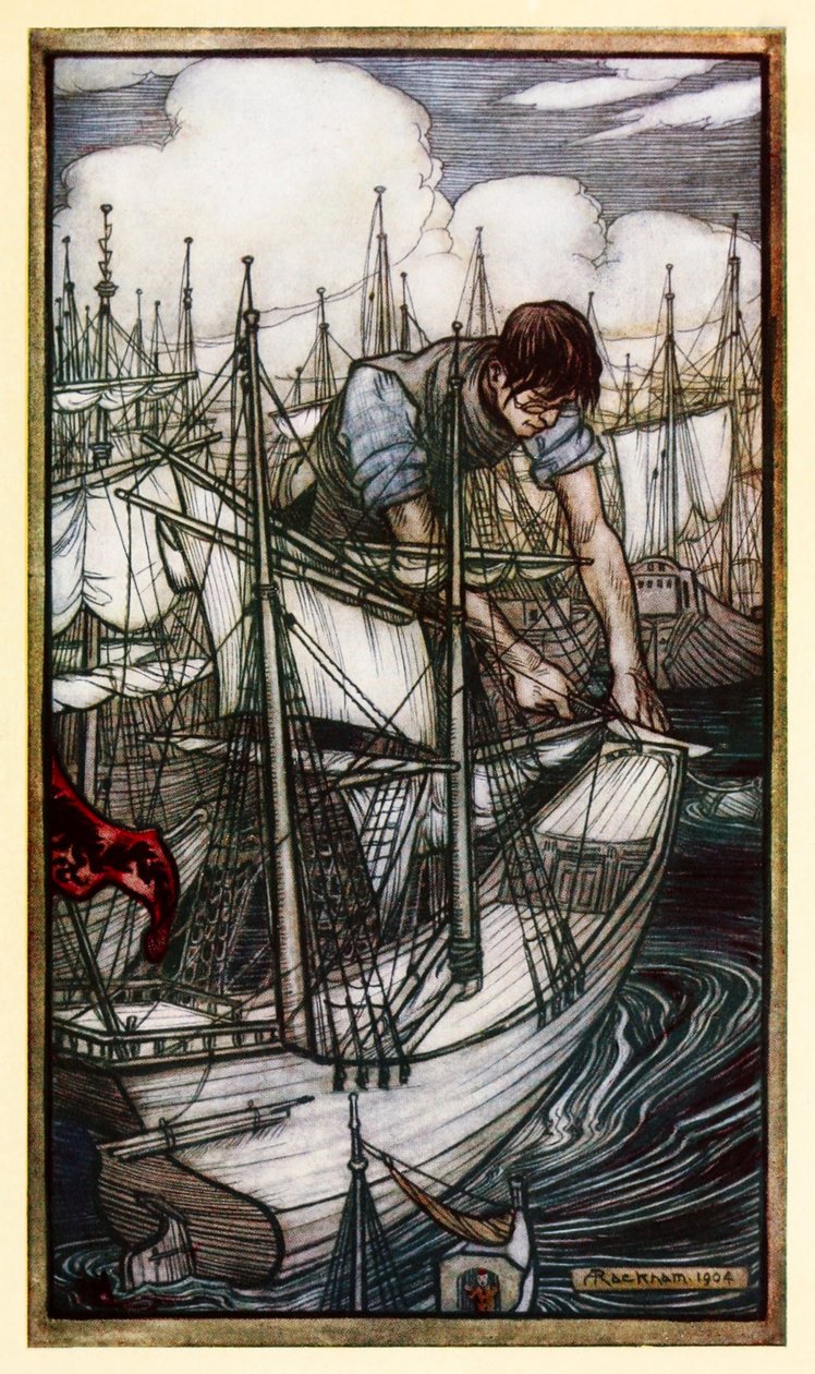 Gulliver megragadja az ellenséges flottát az I. részből: Utazás Lilliputba a Gullivers utazásokban (Jonathan Swift) alkotó: Arthur Rackham
