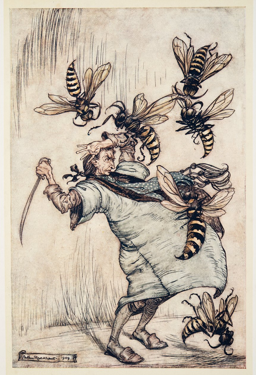 Gulliver harca a darazsakkal, Jonathon Swift (1667-1745) Gulliver utazásaiból, pub. 1909 (színes litó) alkotó: Arthur Rackham