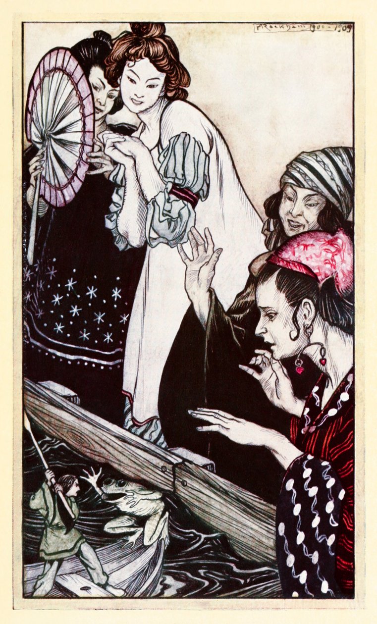 Gullivers találkozás a békával a II. részből: Utazás Brobdingnagba a Gullivers utazásokban, Jonathan Swift alkotó: Arthur Rackham