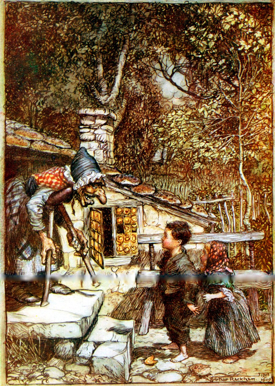Hansel, Juliska és a boszorkány a házikója küszöbén alkotó: Arthur Rackham