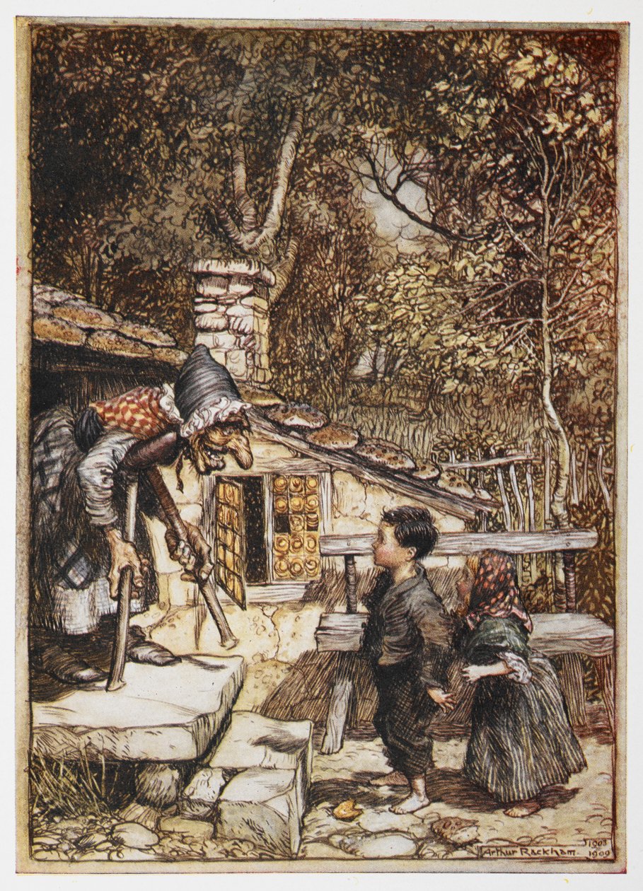 Hansel és Grethel az öregasszony házában. alkotó: Arthur Rackham