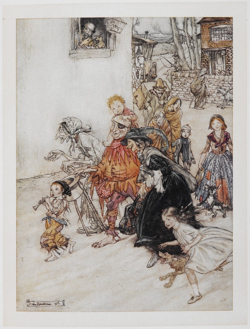 – Hark! Hark! A kutyák ugatnak. Karakterek gyűjteménye, köztük egy bolond, idős nők és gyerekek, akik az utcákon sétálnak. alkotó: Arthur Rackham