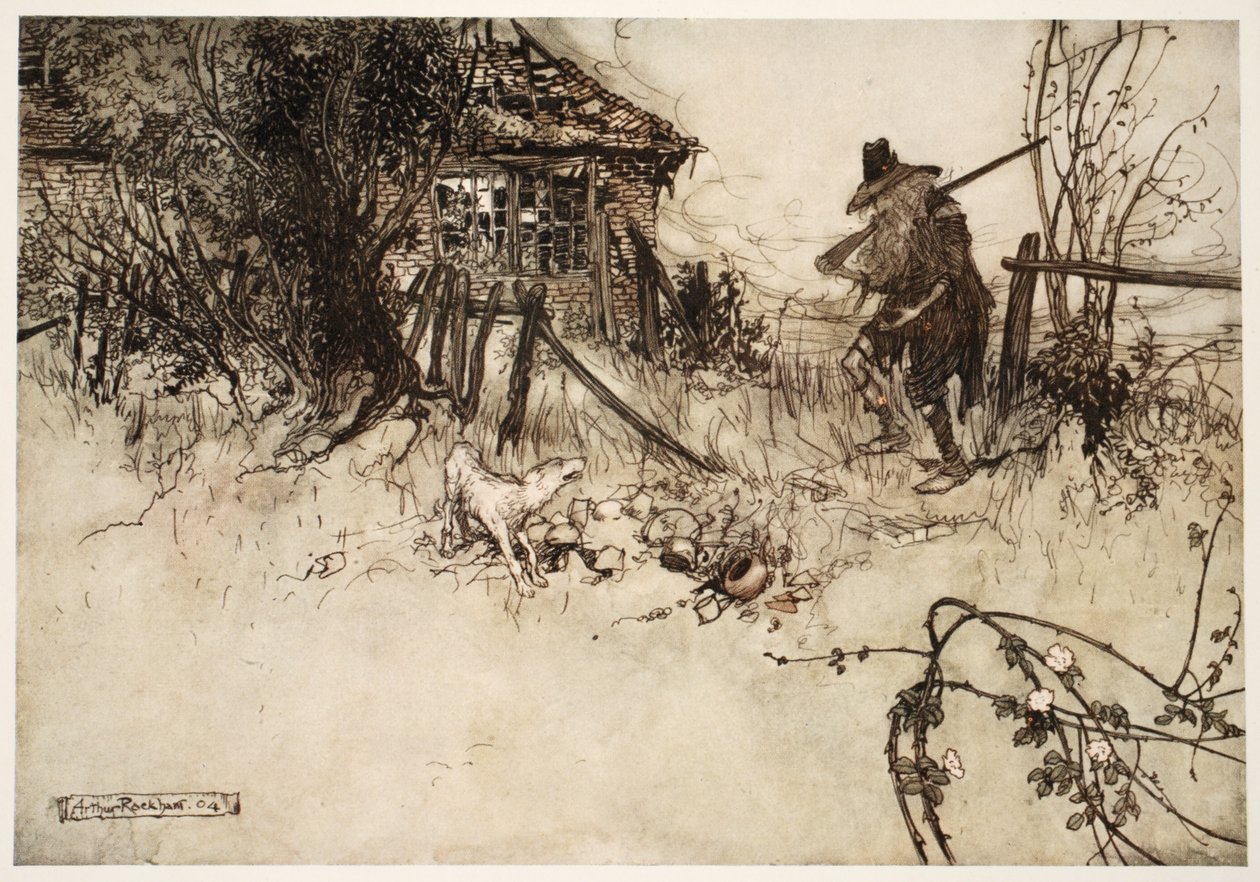 Úgy találta, hogy a ház elpusztult? A kutyám, sóhajtott szegény Rip, elfelejtett engem. Rip Van Winkle-től Washington Irvingtől, kocsmából. 1910 alkotó: Arthur Rackham