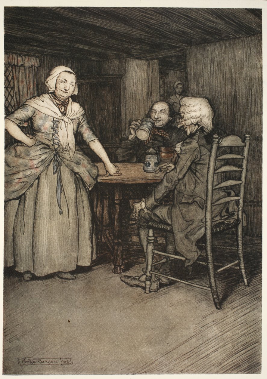 A régi polgárokat, és még inkább feleségüket gazdagnak találta abban a legendás szerelemben, amely oly felbecsülhetetlen az igazi történelem számára. Rip Van Winkle-től Washington Irving, pub. 1910 alkotó: Arthur Rackham