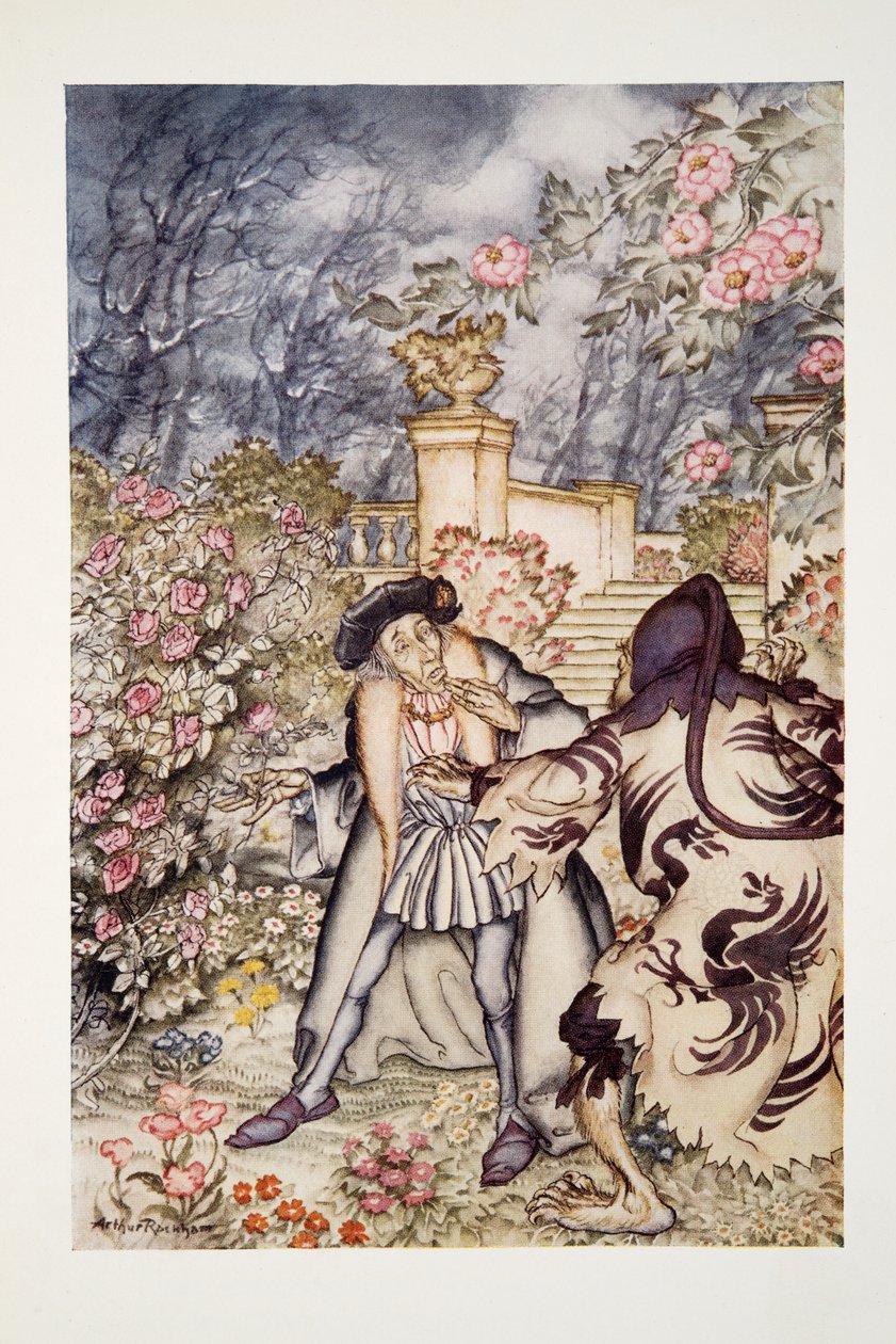 Hangos zajt hallott, és egy fenevadat látott közeledni, akire olyan ijesztő volt ránézni, hogy készen állt az ájulásra a The Arthur Rackham Fairy Book kocsmából. 1933 alkotó: Arthur Rackham