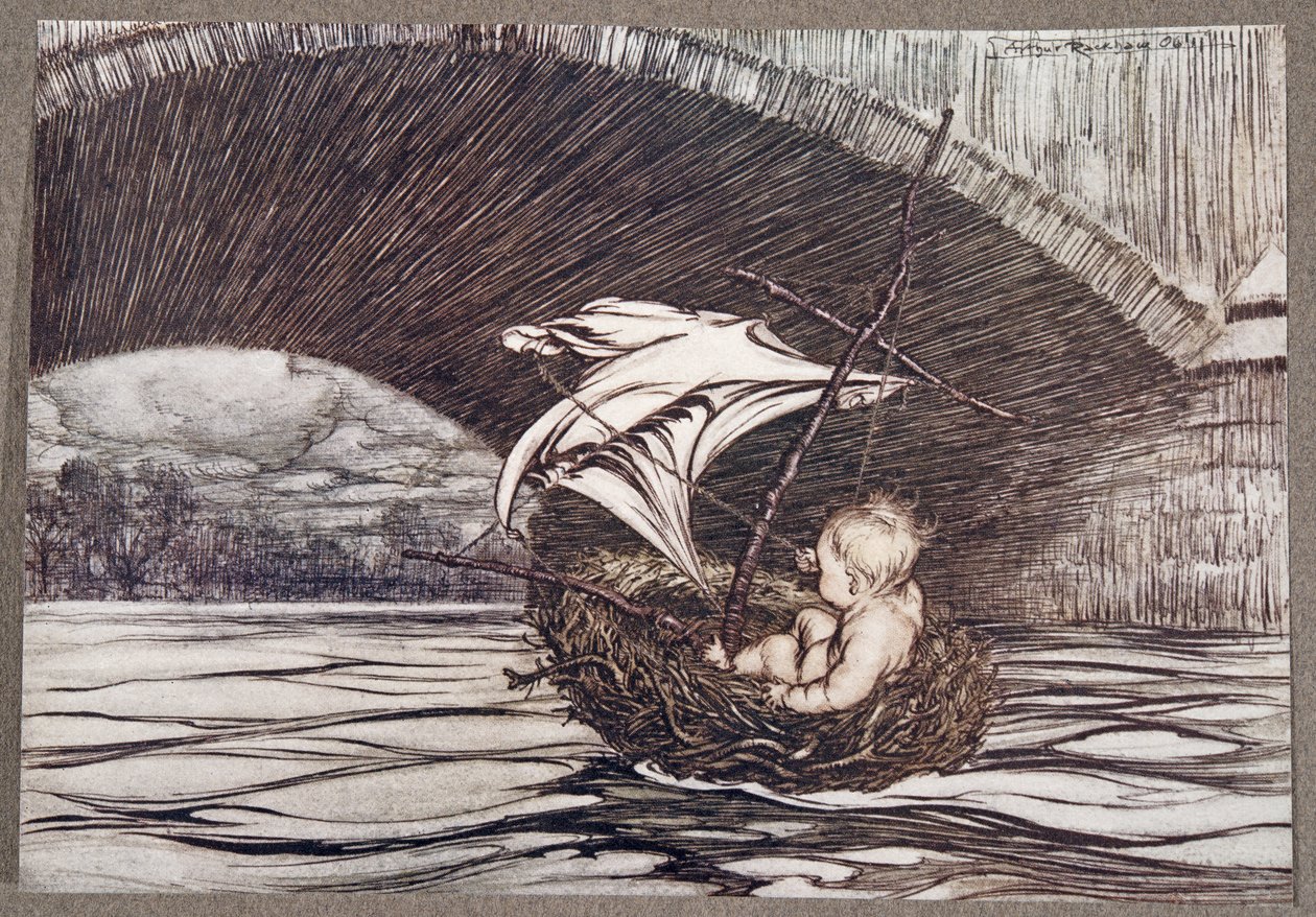 Elhaladt a híd alatt, és teljes látótávolságba került az elragadó kertekre, a Kensington Gardensben található Peter Pan-tól, J M Barrie (1860-1937), pub. 1906 alkotó: Arthur Rackham