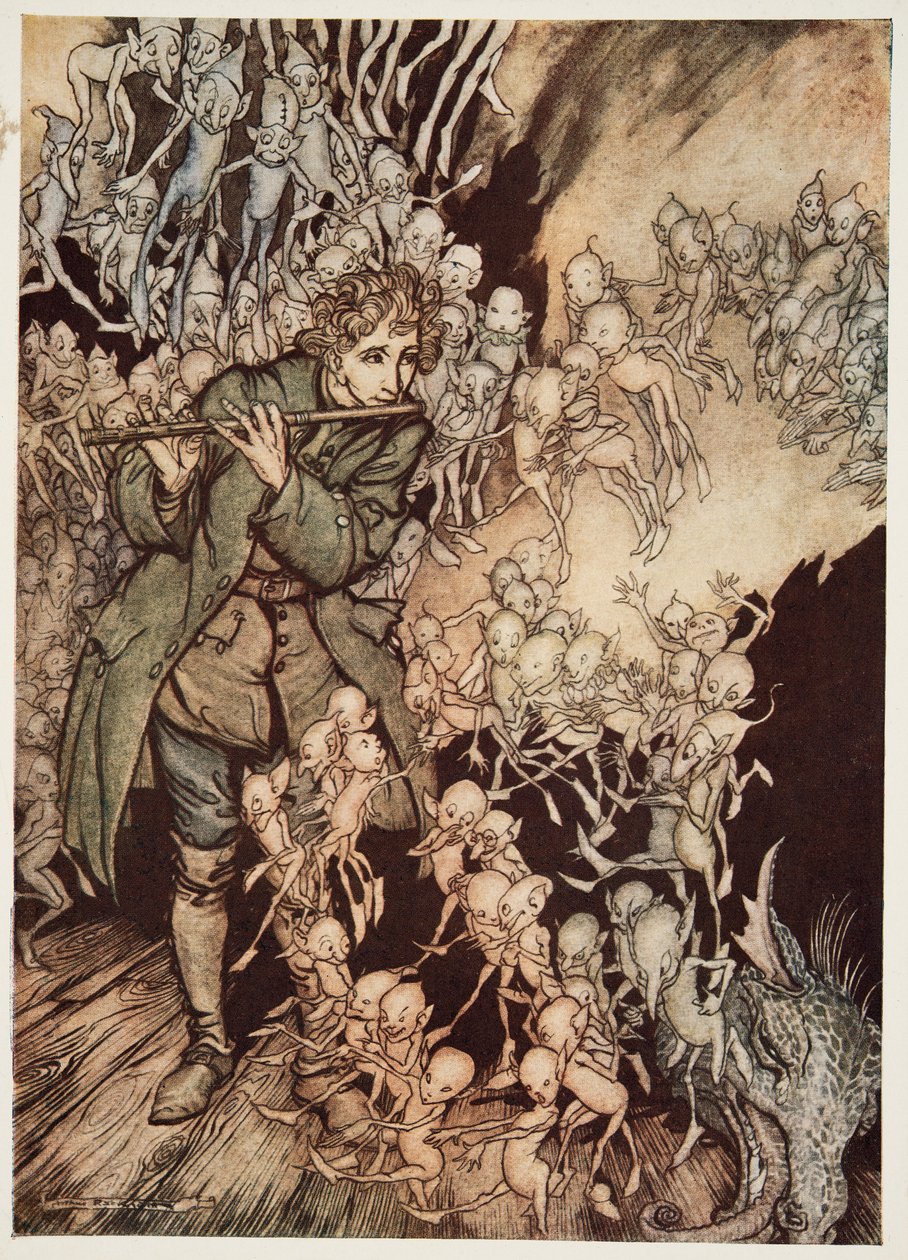 Addig játszott, amíg a szoba teljesen megtelt gnómokkal, a Little Brother & Little Sister és a Grimm testvérek más meséiből, kocsmából. 1917 alkotó: Arthur Rackham