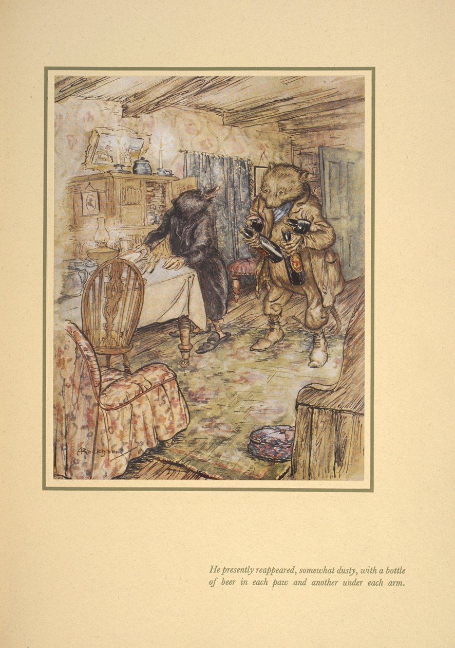 Hamarosan újra megjelent, kissé porosan, karja alatt minden sörben egy-egy üveg sörrel. alkotó: Arthur Rackham