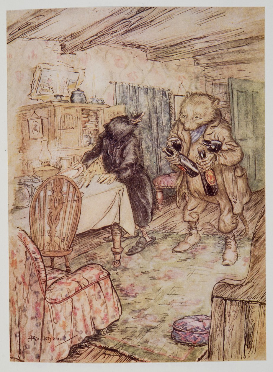 Hamarosan újra megjelent, kissé porosan, mindkét mancsában egy-egy üveg sörrel, a hóna alatt pedig egy-egy üveg sörrel Kenneth Grahame (1859-1932) kocsmájából. 1940 alkotó: Arthur Rackham