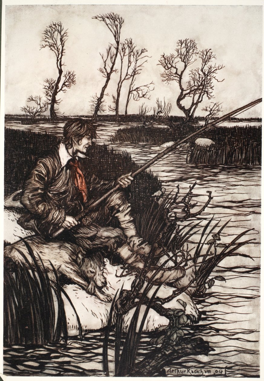 Egész nap egy vizes sziklán ült és horgászott. Rip Van Winkle-től Washington Irvingtől, kocsmából. 1910 alkotó: Arthur Rackham