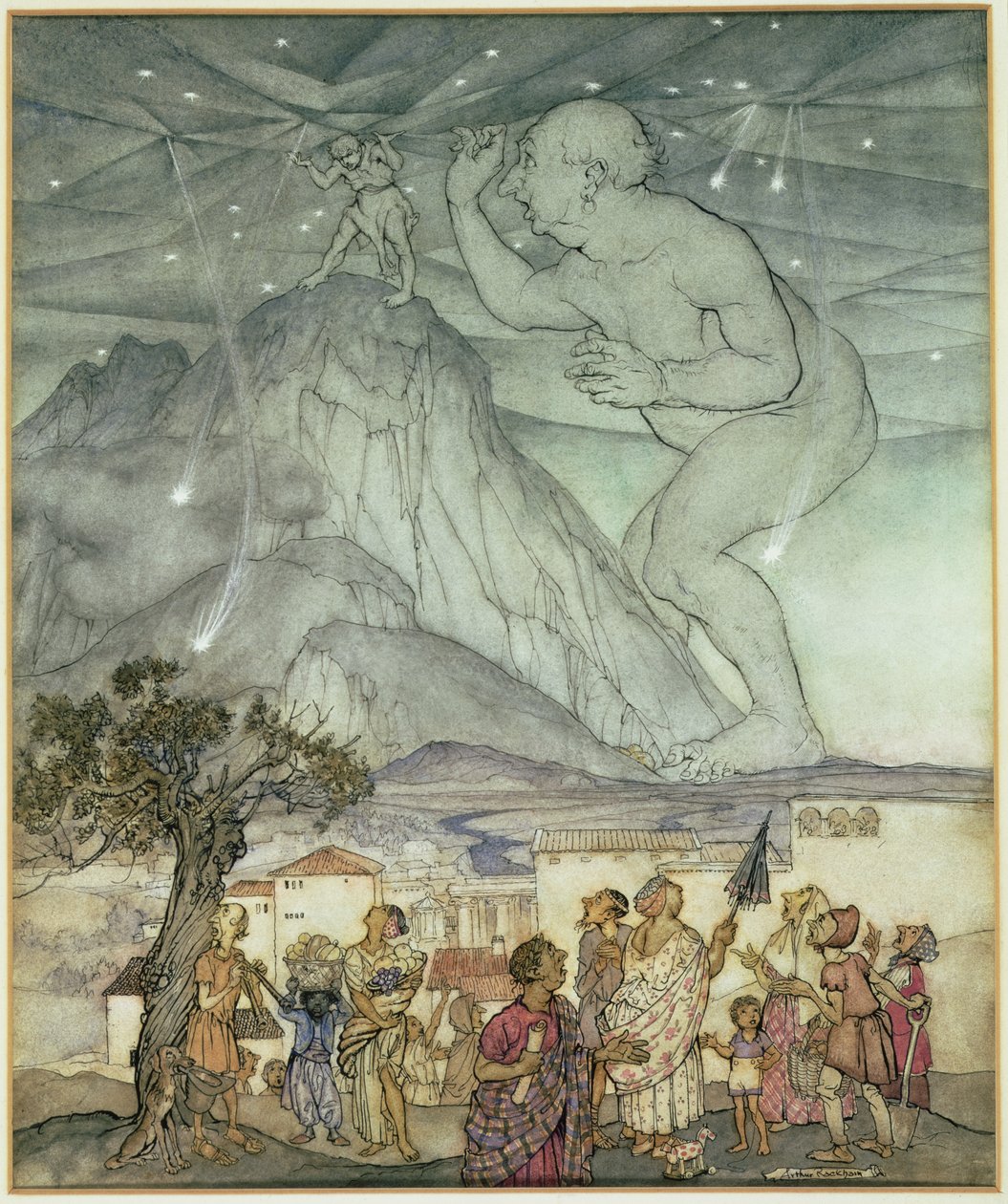 Herkules támogatja az eget Atlasz helyén alkotó: Arthur Rackham