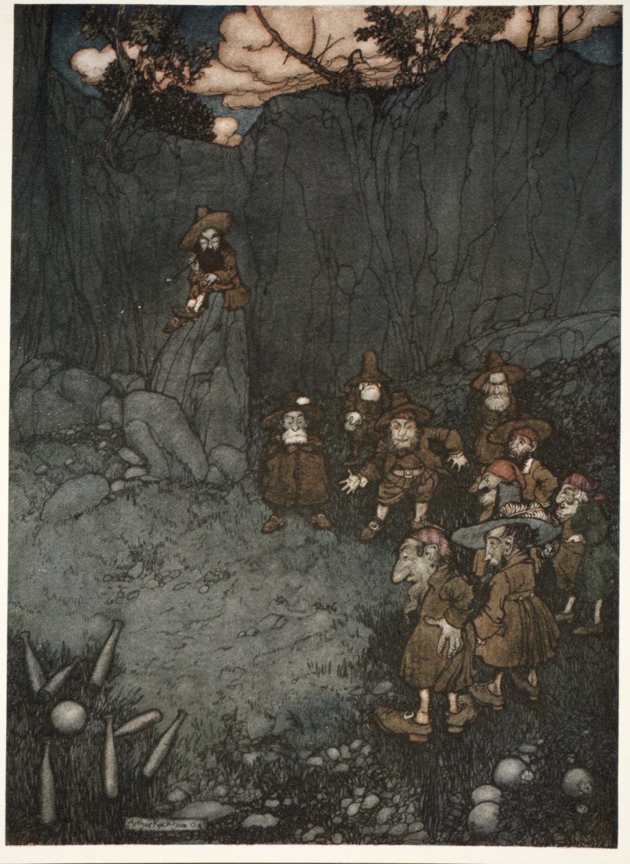 Apja látta őket régi holland ruháikban játszani a kilenctűben. A Rip Van Winkle-től, Washington Irving kocsmában. 1910 alkotó: Arthur Rackham