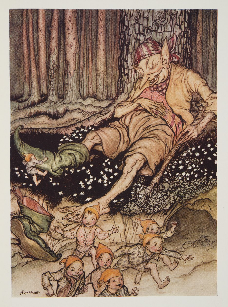 Hop-o-hüvelykujj halkan felment az Ogre-ba, és lehúzta hétbajnoki csizmáját, a The Arthur Rackham Fairy Book kocsmából. 1933 alkotó: Arthur Rackham