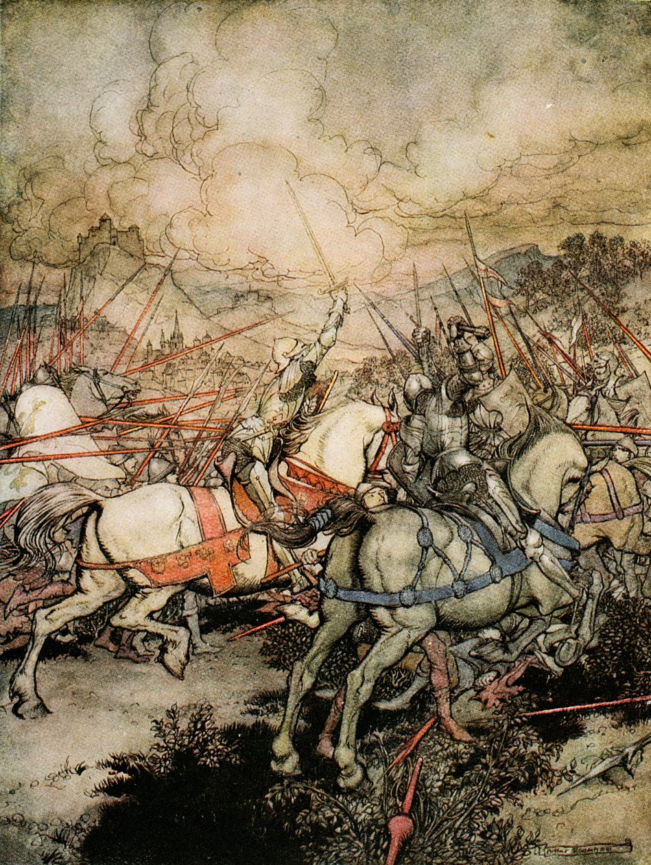 Hogyan rántotta ki Arthur a kardját, az Excaliburt először, illusztrációja Alfred W. Pollard „Artúr király és a kerekasztal lovagjai románca” című művéből, 1910 alkotó: Arthur Rackham