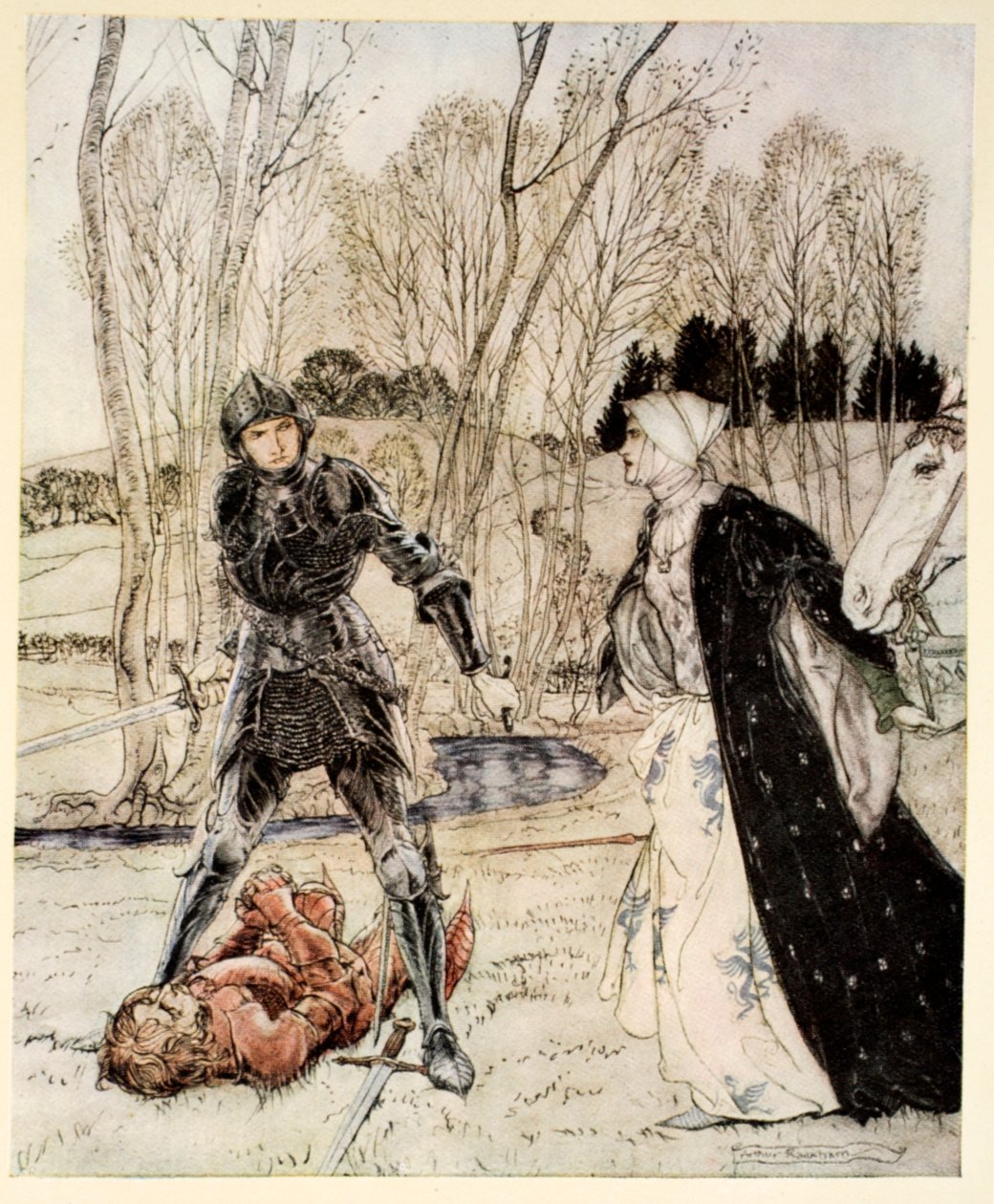 Hogyan győzte le Beaumains a Vörös Lovagot, és a leány mindig sok csúnya szót szólt hozzá, illusztrációja Alfred W. Pollard „Artúr király és a kerekasztal lovagjainak románca” című művéből, 1910 alkotó: Arthur Rackham