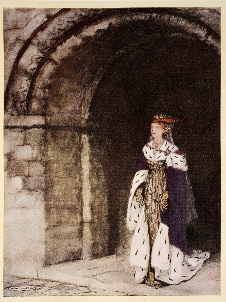 Hogyan jött elő Dame Lionesse hercegnőként felöltözve, illusztráció Alfred W. Pollard „Artúr király és a kerekasztal lovagjai románcából”, 1910 alkotó: Arthur Rackham